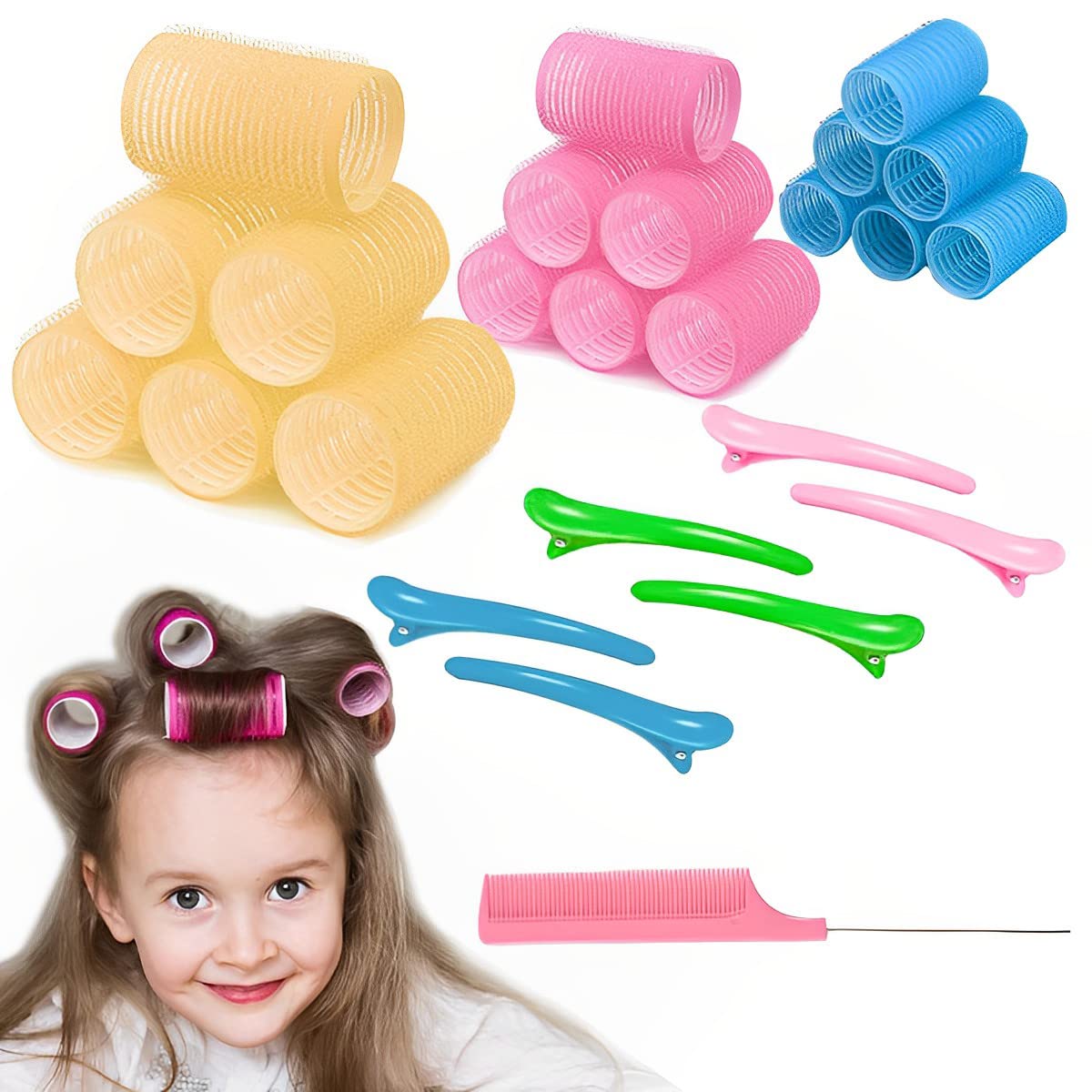 MAYCREATE Heatless Hair Curler Roller Kit, 3 Sizes Self Grip Magic Hair Roller Clips for Long, Medium and Short Hair with 6 Bang Clips, 1 Stainless Steel Hair Comb MAYCREATE Heatless Hair Curler Roller Kit, 3 Sizes Self Grip Magic Hair Roller Clips for Long, Medium and Short Hair with 6 Bang Clips, 1 Stainless Steel Hair Comb